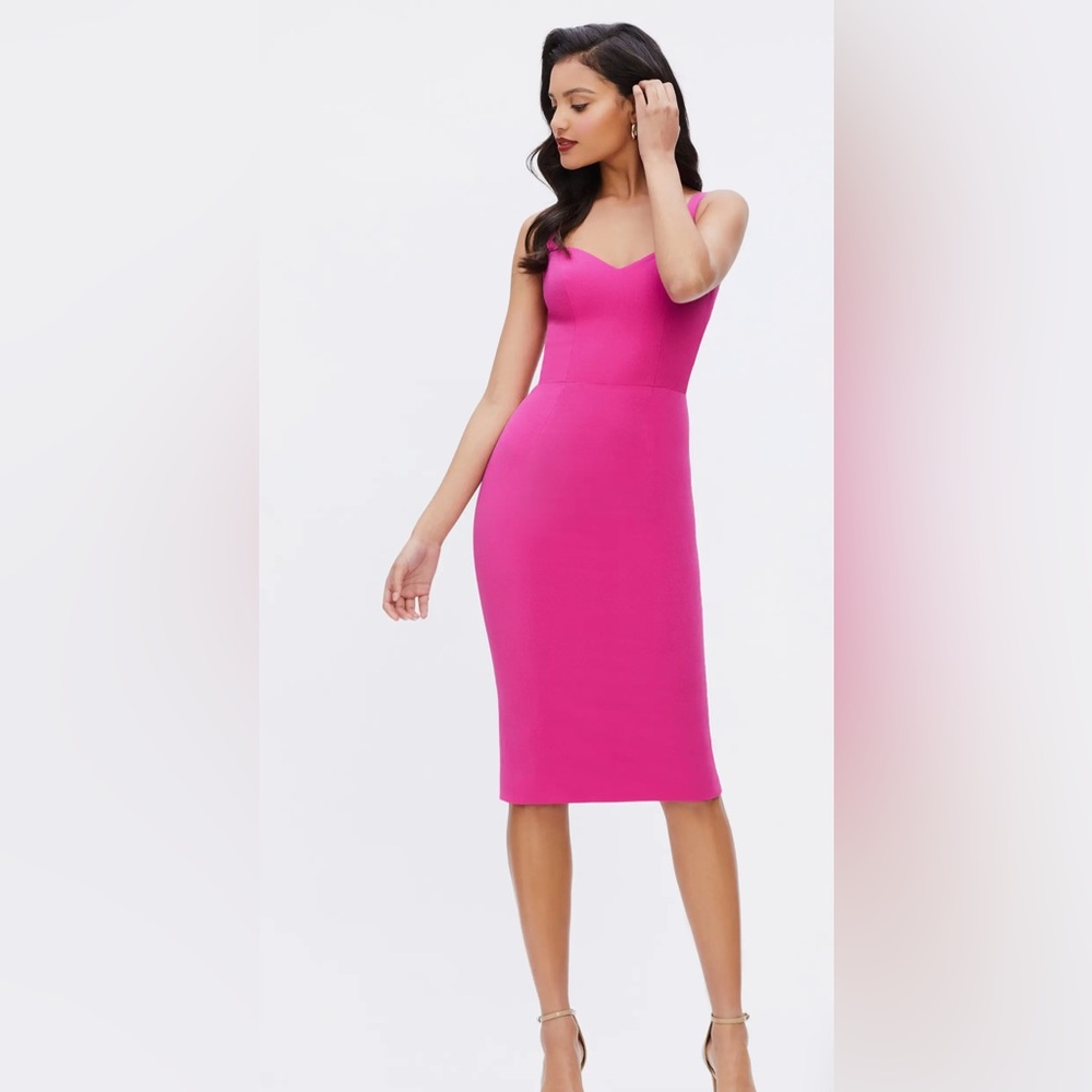 NEW Dress the Population Nicole Sweetheart Neck Midi Sheath Dress Fuschia Pink L